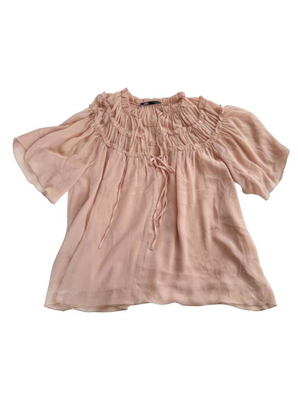 Zara Ballet Pink Ruffled Tie-Neck Blouse - Boho Sheer Romantic Top